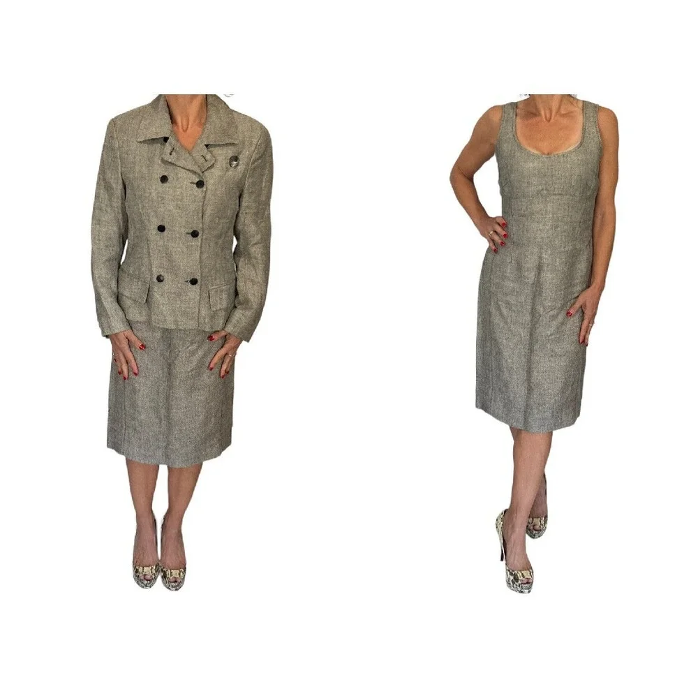 DONNA KARAN BROWN LINEN HERRINGBONE SHEATH SLEEVELESS DRESS JACKET SUIT 10